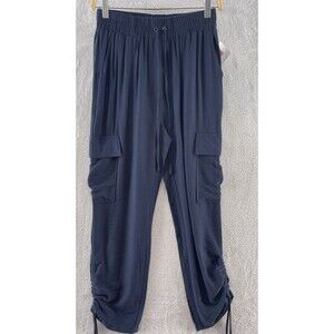 WITH Pants Womens Jogger Sz M Navy Blue Cargo Elastic Drawstring Waist Pockets